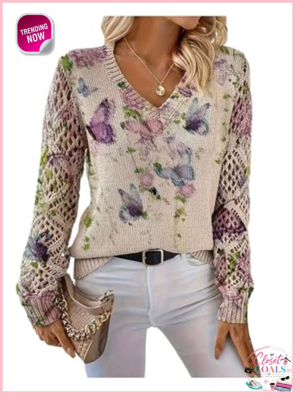 Crochet Floral Butterfly Print Long Sleeve Knit Pullover Sweater